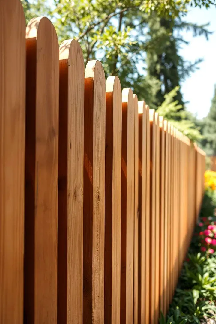 Close-up of a stained cedar picket fence
